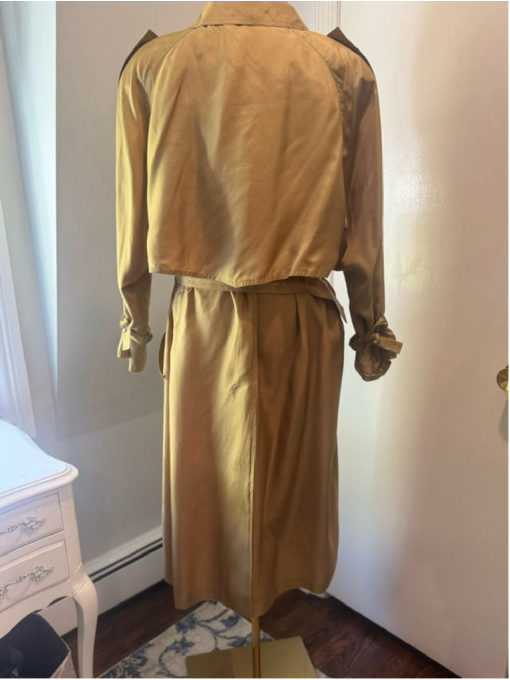 Vintage Silk Trench Coat Gold Bronze olive Iridescent Belted Duster Women’s L - Picture 2 of 16